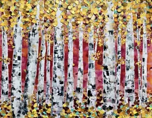 Original painting BIRCH TREE WOODS WOODLAND YELLOW FOREST MODERN HOME DECOR LAKE - Picture 1 of 12