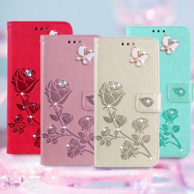Diamond Rose Flower Wallet Phone Case For iPhone 16 15 14 13 12 11 Pro Max XR SE - Image 1 of 4