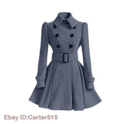Women Winter Wool Trench Coat Long Jacket Parka Outwear Lapel Belt Slim Overcoat - Image 1 of 4