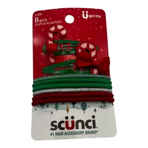Scunci Holiday Weihnachten 8-teiliges Clips & Gummibänder Set mit grüner & roter Zuckerstange - Bild 1 von 6