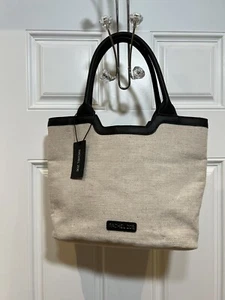 rachel zoe women capri tote ivory canvas doble shoulder straps black leather - Picture 1 of 8