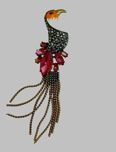 Vintage Brooch Bird Design Kingbird Silver Metal Colourful Crystals Stones - Picture 1 of 11