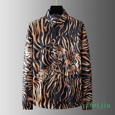 Мужские сорочки в полоску с узором тигр с длинным рукавом устойчивые к морщинам красивые - Изображение 1 из 4