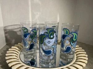 Libby Crisa Vintage Paisley Blue &Lime Green 6” Tumbler Glasses Set Of 4(219) - Picture 1 of 7