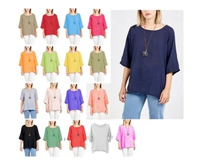Blusa túnica italiana lisa Lagenlook ala de murciélago algodón lino damas - Imagen 1 de 18