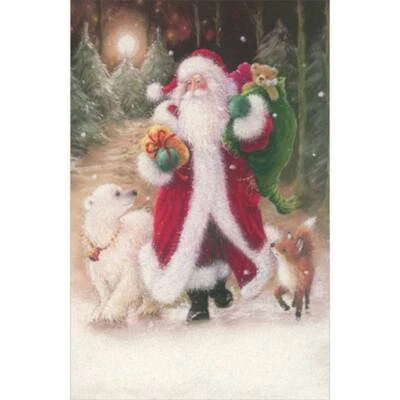Sparkling Santa Walking in Forest Fox and Polar Bear Box of 12 Christmas Cards - Image 1 of 2