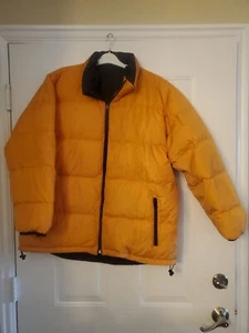 Lands End Reversible Goose Down Hooded Puffer Jacket Coat XLarge Orange/Black - Picture 1 of 18