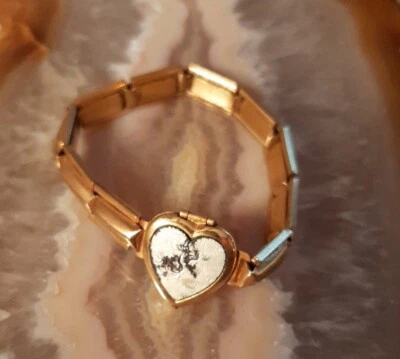 Vintage Braclet Baby Child Heart Locket Stretch Gold. The Painted Heart is Worn - Image 1 of 4