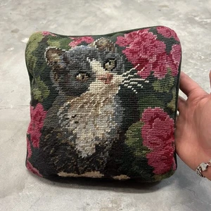 Vtg Small Cat Kitten Accent Pillow Wool Needlepoint Flowers Green Velvet 9x9” - Picture 1 of 5