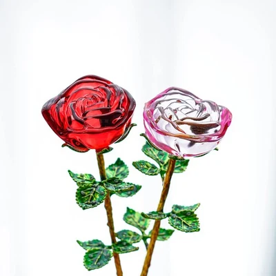 水晶玫瑰花玻璃粉红色和玫瑰红色花朵带绿叶适用于威德... — 第 1/4 张图片