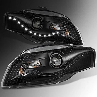 For 2006-2008 Audi A4 DRL LED Projector Halogen Type Black Headlights Left+Right - Image 1 of 4