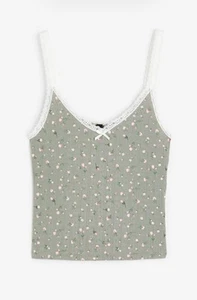 H&M Divided Lace Trim Cami Tank Top M Sage Green Dainty Floral Coquette Cropped - Picture 1 of 10