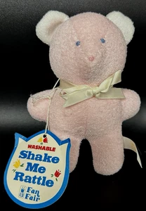 ¡NUEVO CON ETIQUETAS! Oso de peluche vintage rosa FAN FAIR TOYS rizo lavable Shake Me sonajero 7" - Imagen 1 de 7
