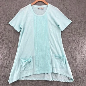 LOGO Lori Goldstein Top Damen klein grün Tunika Taschen Plissee Spitze Noppenstrick - Bild 1 von 10
