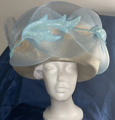 Vintage Straw Hat Designed By Sylvia New York Tan/light Blue w/lace and Sequins - Image 1 of 4