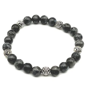 Bracciale 8mm Protezione Perline Bali Argento 0,925 Pietra Preziosa Labradorite Nera e Argento .925 - Foto 1 di 4