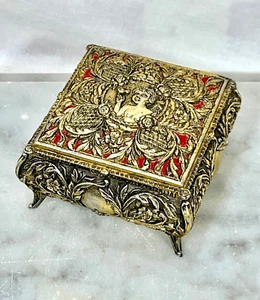 Ornate Pierced Metal Jewelry Trinket Box - Vintage Japan Gold Tone - Picture 1 of 14