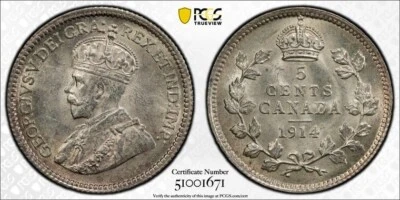 1914 Canada 5 Cents PCGS MS64 Lot#G9841 Silver! Choice UNC! - Image 1 of 4