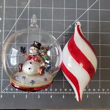 2 Glass Christmas Ornaments, Kirkland Signature  Snowman Inside, Candy Cane 