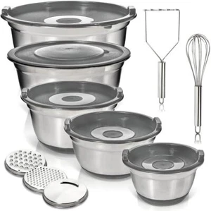 Stainless Steel Mixing Bowls With Lids Plus Stainless Steel Whisk, Food Storage - Picture 1 of 7