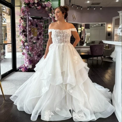 Off Shoulder Wedding Dresses Lace Applique Backless Ruffles Tulle Bridal Gowns - Image 1 of 3
