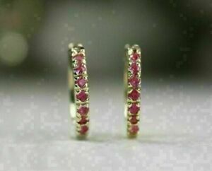 Simulated 1CT Round Cut Pink Ruby Hoop/Huggie Earrings 14K Yellow Gold Plated