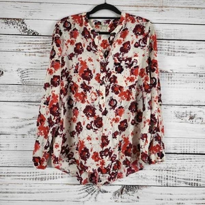 Lucky Pop Over Top L Womens White Floral Print V Neck Light Weight Rol Tab Sleev - Picture 1 of 8