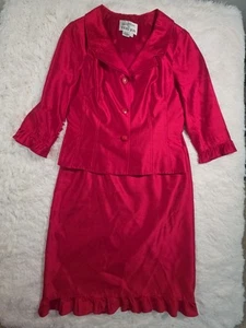 Vintage Rickie Freeman Teri Jon Damengröße 8 rot 100 % Seide Anzug Rock und Jacke - Bild 1 von 9