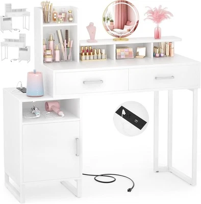 Small Vanity Desk with Power Outlet, Makeup Desk with Drawers and Cabinets - Image 1 of 4