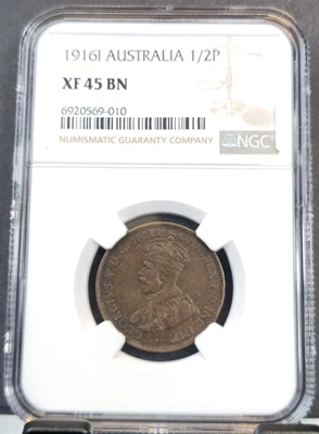 1916 AUSTRALIA 1/2 PENNY BRONZE CALCUTTA MINT NGC XF 45 BN NICE LOOKING COIN - Image 1 of 3