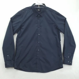 Hugo Boss Shirt Mens Large Navy Blue Slim Fit Button Up Long Sleeve Classic - Picture 1 of 11