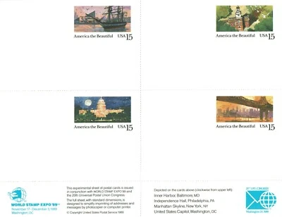 World Stamp Expo '89 Experimental Sheet of Four 15-Cent Post Cards Mint Unfolded - Image 1 of 2
