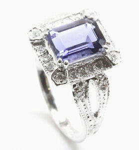 1.65 ctw Natural Blue Iolite & Diamond Solid 14k White Gold Halo Cocktail Ring