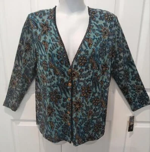 NWT $138 VIKKI VI 'Java Floral' Teal/Black Stretchy Button Front Blouse Top 0X - Picture 1 of 9