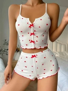 Nachtwäsche Damen Pyjama Set Herz Print weicher Rippstoff mit Flirty Rüschen Top - Bild 1 von 28