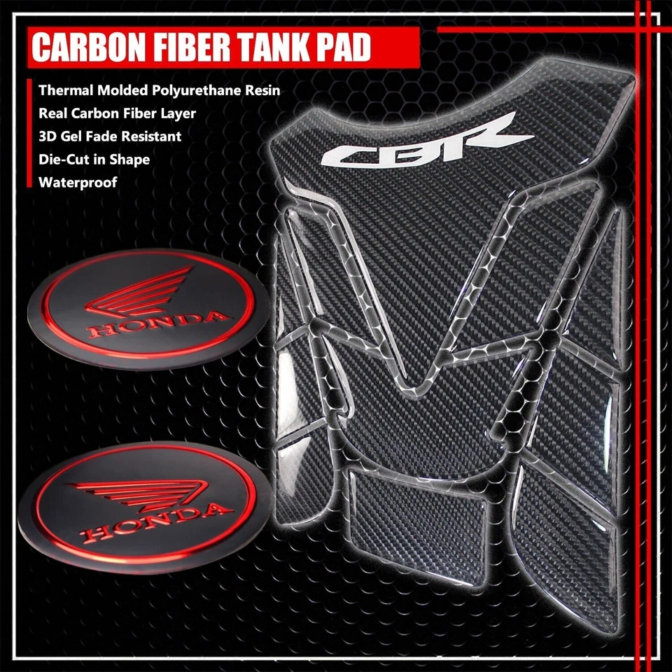 FOR CBR FAIRING/FENDER BADGE CHROME RED+REAL CARBON FIBER GAS TANK PAD GUARD — 第 1/1 张图片
