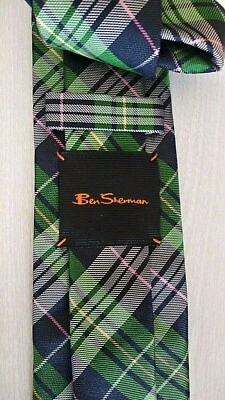 Corbata diagonal ajustada verde marino "Ben Sherman" a cuadros a rayas de seda para hombre  Foto 1 de 4