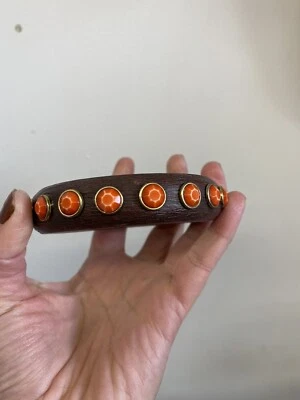 Vintage Betsey Johnson Signed Lucite Wood Texture Orange Stud Bangle Bracelet - Image 1 of 4