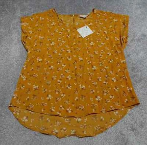Hippie Rose Top Blouse Large Gold Yellow Floral Cap Sleeve Round Neck Pullover - Picture 1 of 7