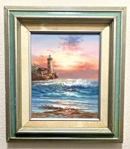 Peinture à l'huile originale signée M. Andrea réalisme coucher de soleil paysage marin phare 15x13" - Photo 1/21