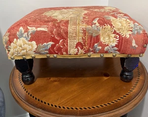 Vtg Wooden Ottoman Footstool – Asian Pagoda Tapestry Fabric, Cottagecore Décor - Picture 1 of 24