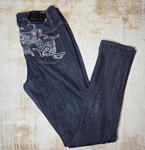 Rocawear Jeans Mens Small Blue Dark Wash Embroidered Back Pockets Y2K Stretch - Picture 1 of 14