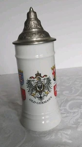 Porzellon Hillsoheid Bavaria Beer Stein With Lid 9 1/2 Inch Old Germany Flags - Picture 1 of 13