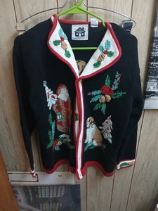 Storybook Knits Size: Medium Christmas Sweater Ugly Sweater Cardigan Black Santa - Picture 1 of 8