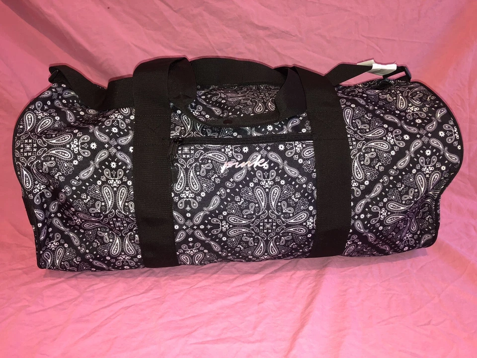 VICTORIA SECRET ROSA BOLSO DE LONA / BOLSO DE GIMNASIO, EQUIPAJE DE MANO DE VIAJE NEGRO Paisley Nuevo Foto 1 de 4