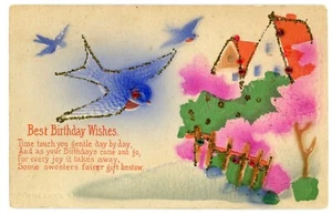 Postal de colección mejores deseos de cumpleaños pájaro azul acentos de mica en relieve JPNY c1916 - Imagen 1 de 2