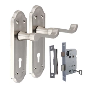 Premium Satin Nickel Innenschloss Türdrücker Set + 3 Hebel EINSTECKFLÜGEL Schloss x1 - Bild 1 von 16