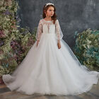 White Lace Appliques Puffy Flower Girl Dresses  Ball Gown First Communion Gowns