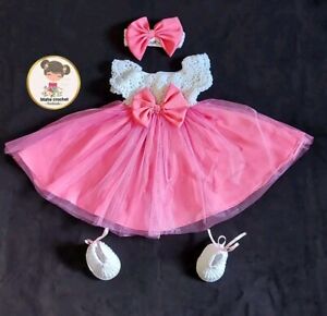 New Baby Girl Princess 6-9 Month Pink Party Dress set Frock Headband Booties Bow