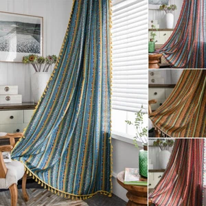 Cotton Linen Curtains Tassel Window Drape Semi-Blackout Retro Colorful Vintage W - Imagen 1 de 15